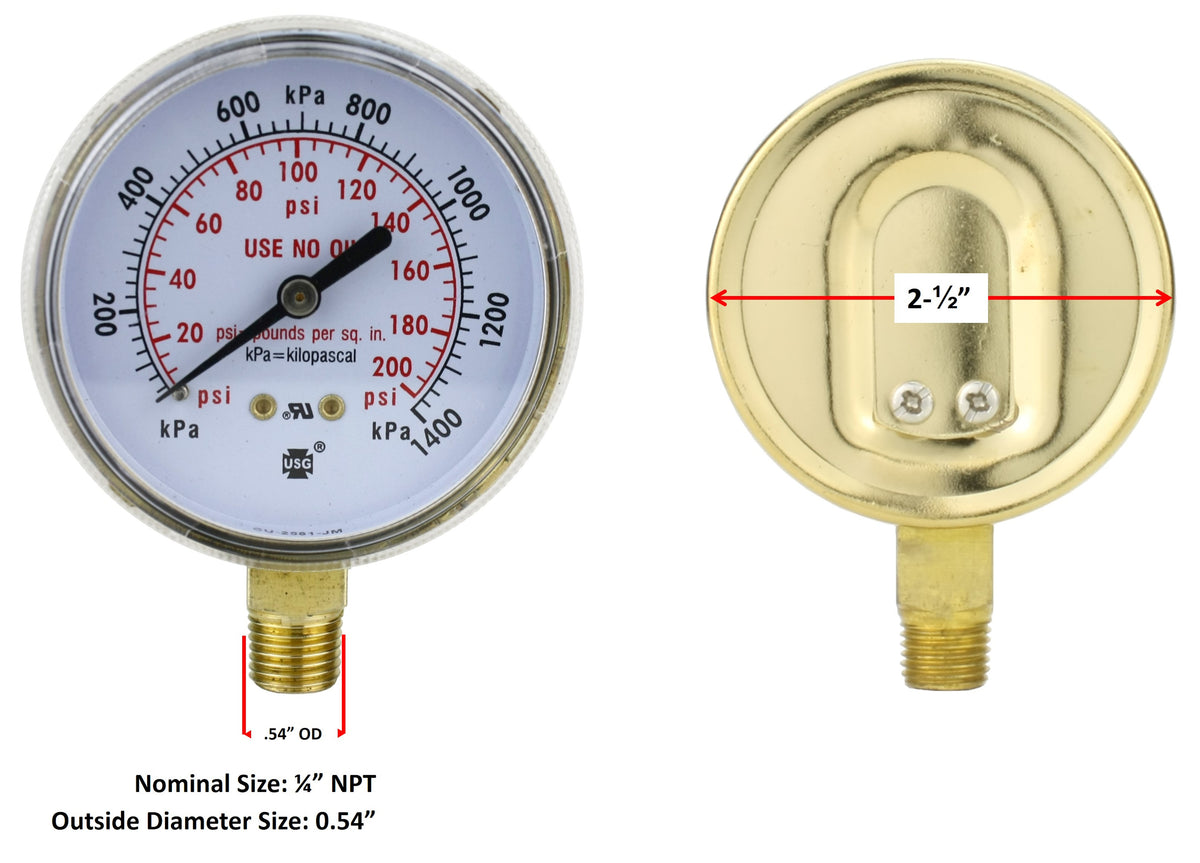 Gauges for HeavyDuty Oxygen Regulators 2.5 inches Thread 1/4" NP