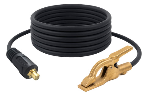 Black welding ground lead with high-copper clamp and Dinse connector