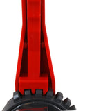 Close-up of red butterfly valve lever mechanism