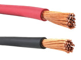 Red and black 1/0 AWG cable copper strands, close-up