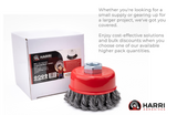 3 inch carbon steel knotted cup brush beside retail box