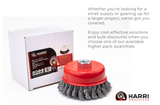 4 inch carbon steel knotted cup brush beside retail box