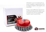 5 inch carbon steel knotted cup brush beside retail box