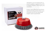 6 inch carbon steel knotted cup brush beside retail box