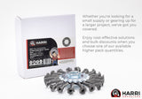 4.5 inch carbon steel knotted wire wheel with 5/8-11 threaded hub beside retail box
