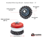 3 inch carbon steel knotted cup brush with retaining ring dimensions and thread diagram