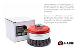 3 inch carbon steel knotted cup brush with retaining ring beside retail box