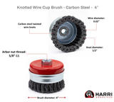 4 inch carbon steel knotted cup brush with retaining ring dimensions and thread diagram