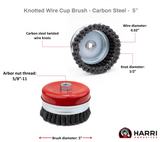 5 inch carbon steel knotted cup brush with retaining ring dimensions and thread diagram