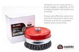 5 inch carbon steel knotted cup brush with retaining ring beside retail box