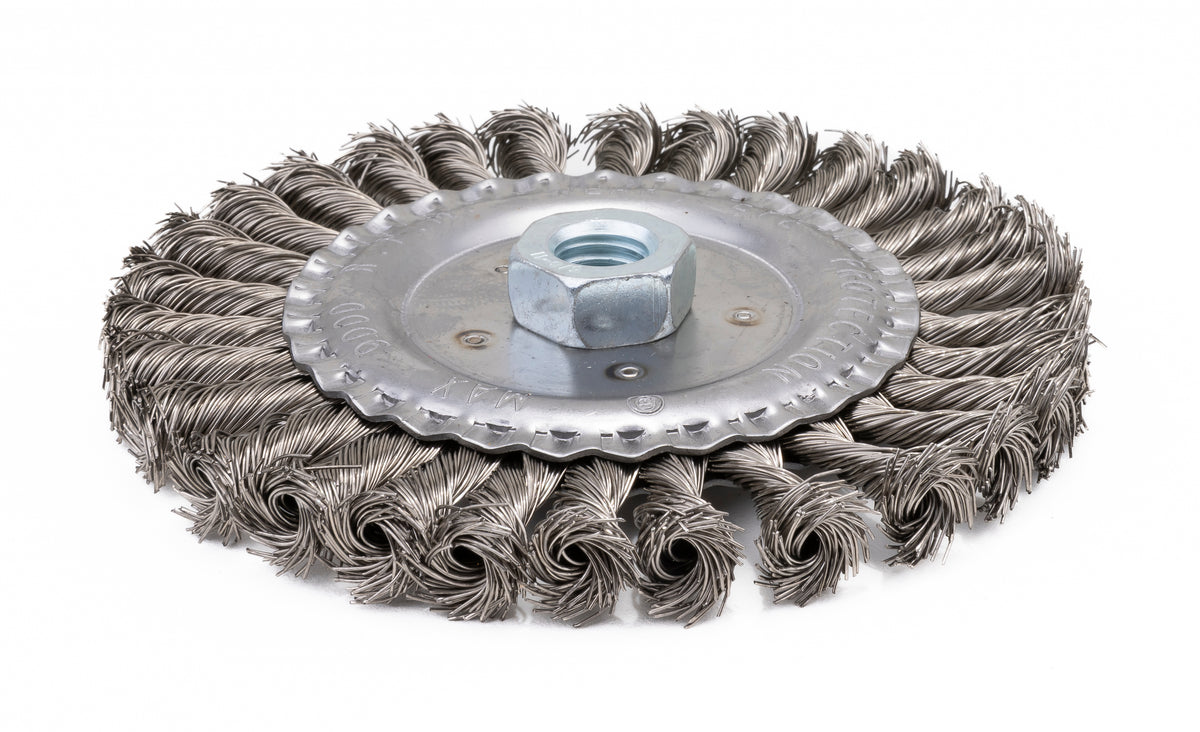 6 inch stainless steel knotted wire wheel with 5/8-11 threaded hub