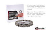 6 inch stainless steel knotted wire wheel with 7/8 inch arbor beside retail box