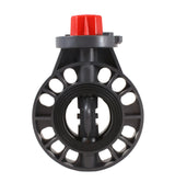 PVC butterfly valve with red lever and open disc