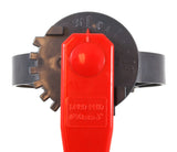 Red butterfly valve handle and notched position indicator