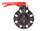 Red-lever PVC butterfly valve showing closed disc