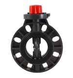 Red-lever PVC butterfly valve with disc turned open