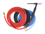 Water-cooled TIG torch with red, blue and black hoses