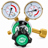 SÜA oxygen regulator with two gauges on a white background.