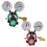 SÜA oxygen and acetylene regulator pair on a white background.