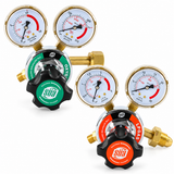 SÜA oxygen and propane regulator pair on a white background.