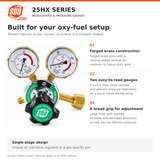 Oxygen regulator showing brass body, two pressure gauges and adjustment knob.