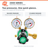 Oxygen regulator with delivery pressure and cylinder pressure gauges identified.