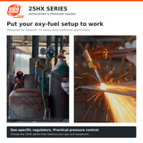 Two workshop views showing gas equipment and a torch cutting metal with sparks.
