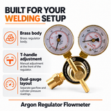 Brass SÜA argon regulator with T-handle adjustment and two gauges.