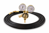 SÜA dual-gauge argon regulator flowmeter with 10 ft gas hose on white.
