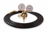 SÜA dual-gauge argon regulator flowmeter with 5 ft gas hose on white.