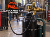 SÜA rear-entry argon regulator on a black cylinder with a gas hose connected to the rear of a welder.