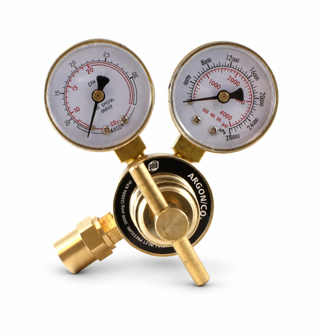 SÜA dual-gauge argon regulator flowmeter, no hose, on a white background with a soft shadow.