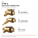 SÜA argon regulator gas hose outlet options: 5/8-18 female connector, 1/4-inch hose barb and 9/16-18 RH Type B-B fitting.