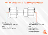 CGA-320 to CGA-580 inlet and outlet connection diagram