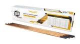 Copper-coated gouging carbon rods beside labeled boxes