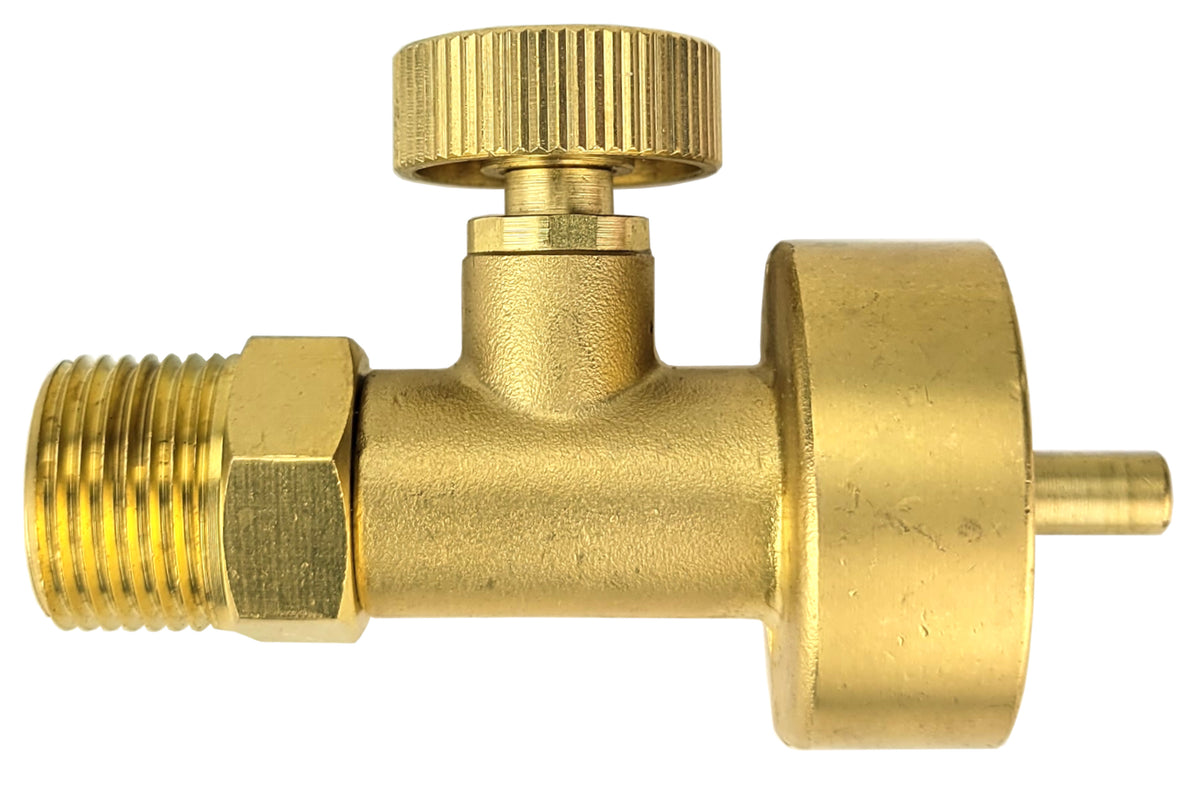 Brass propane adapter with shutoff valve side view