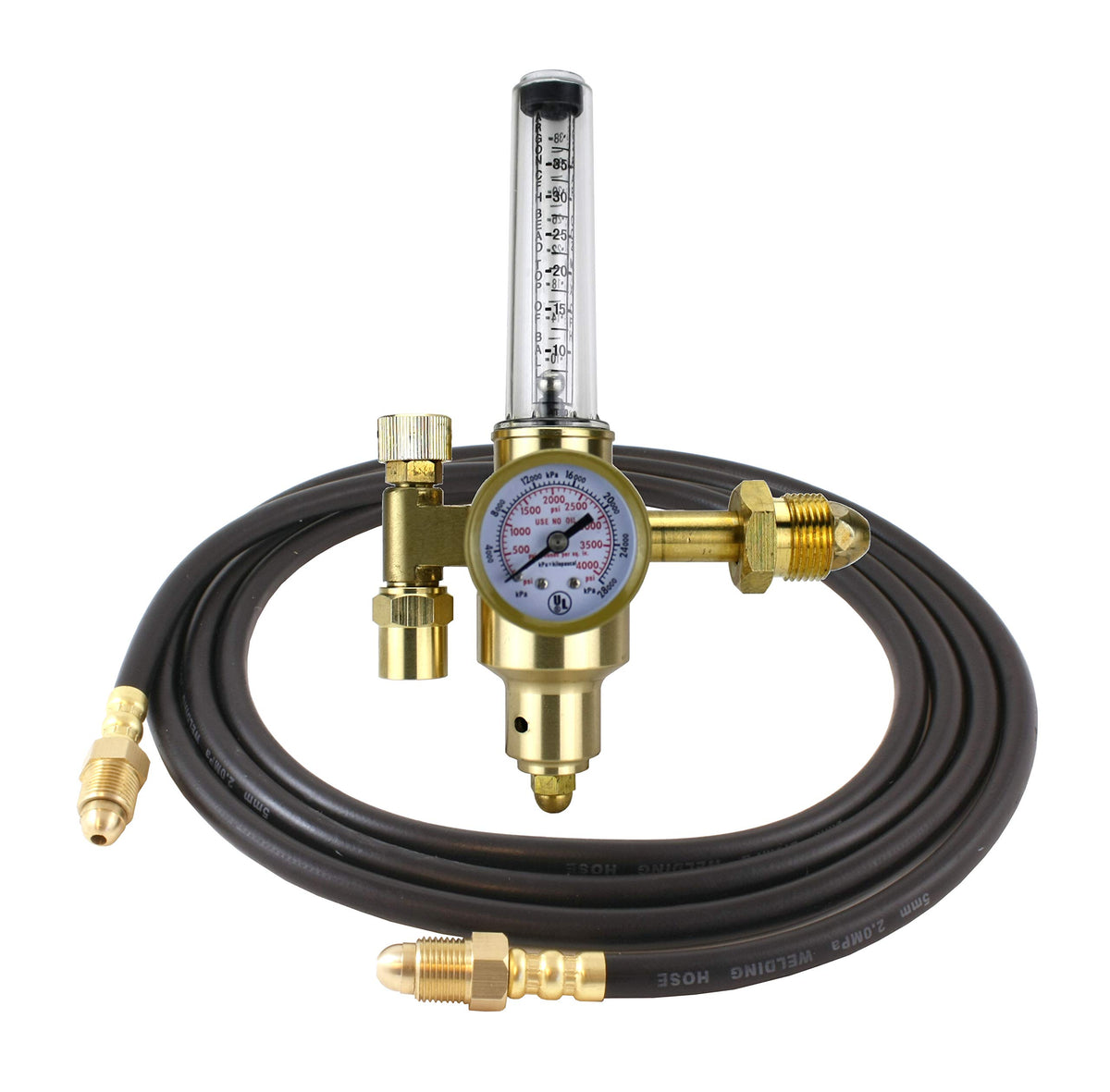 SÜA HDV argon flowmeter regulator with coiled gas hose and CGA-580 inlet