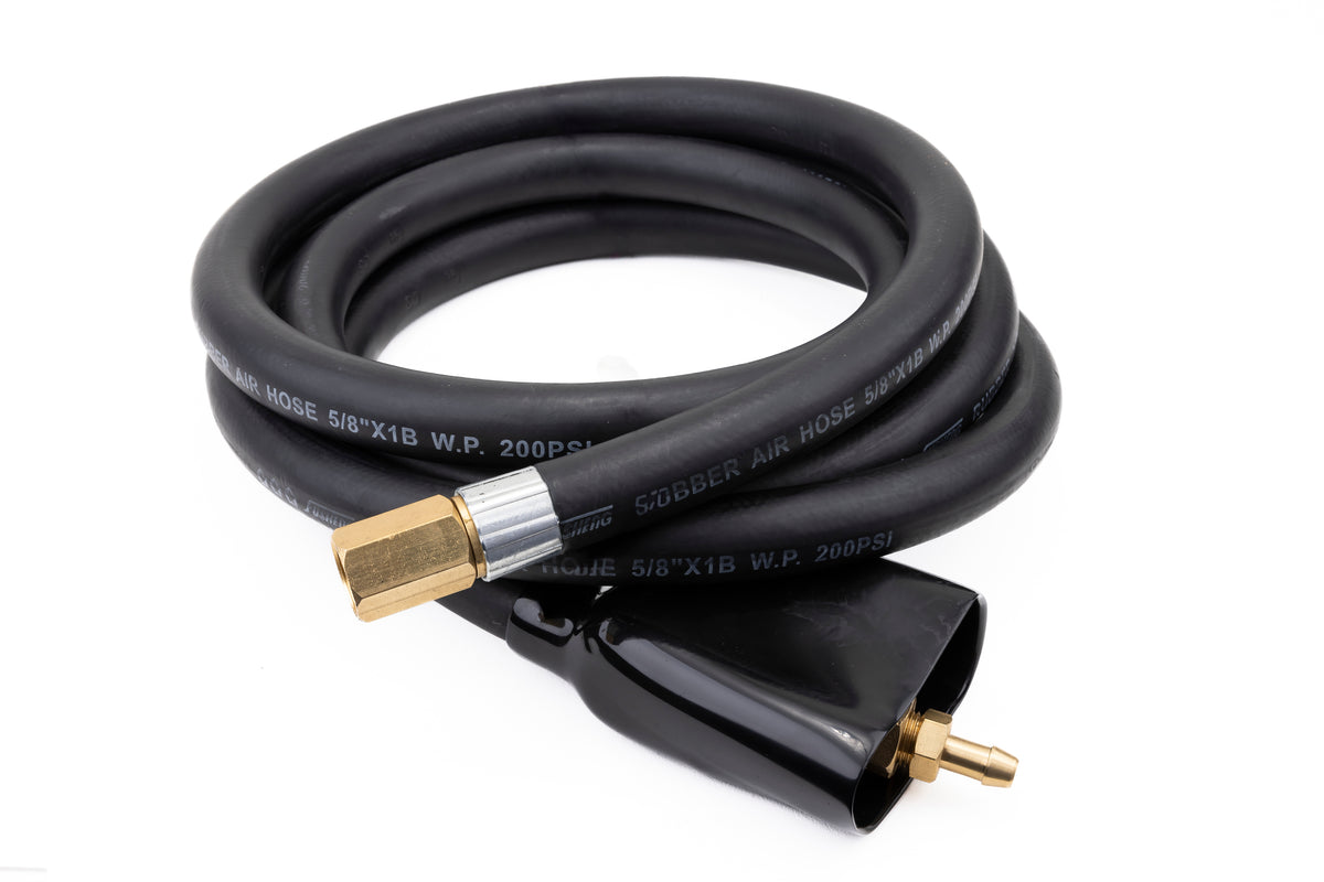 Coiled black gouging cable with brass fittings and insulating boot