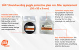 Individually packaged round lenses with shade labels