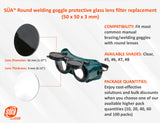 Round lens dimensions, shade options and goggle fit illustration