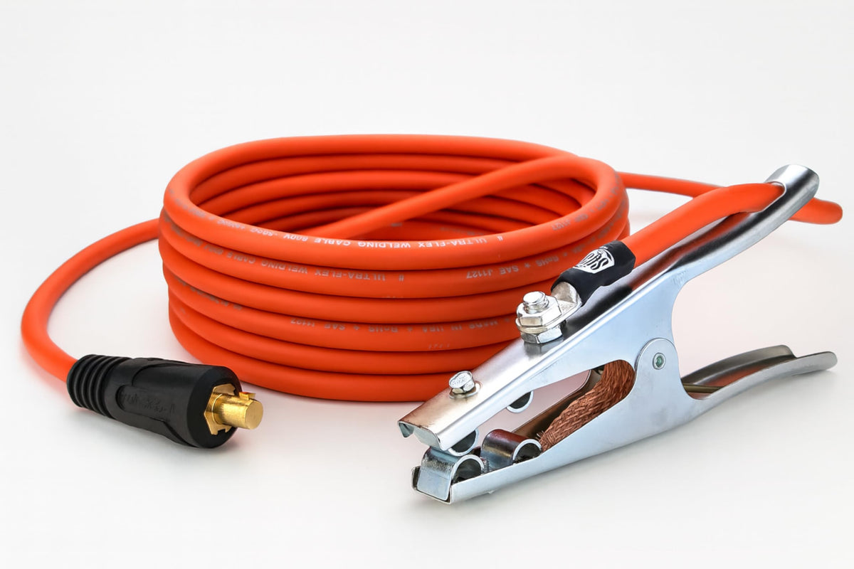 Orange Ultra-Flex ground lead with steel clamp and Dinse 35-70 connector