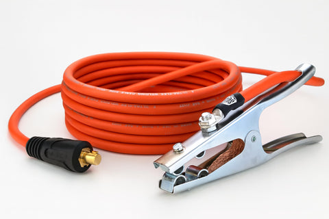 Orange Ultra-Flex ground lead with steel clamp and Dinse 35-70 connector