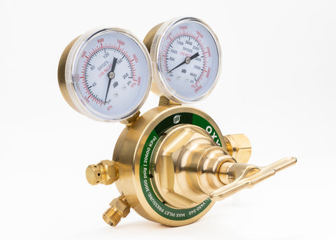 Oxygen regulator angled view with two gauges