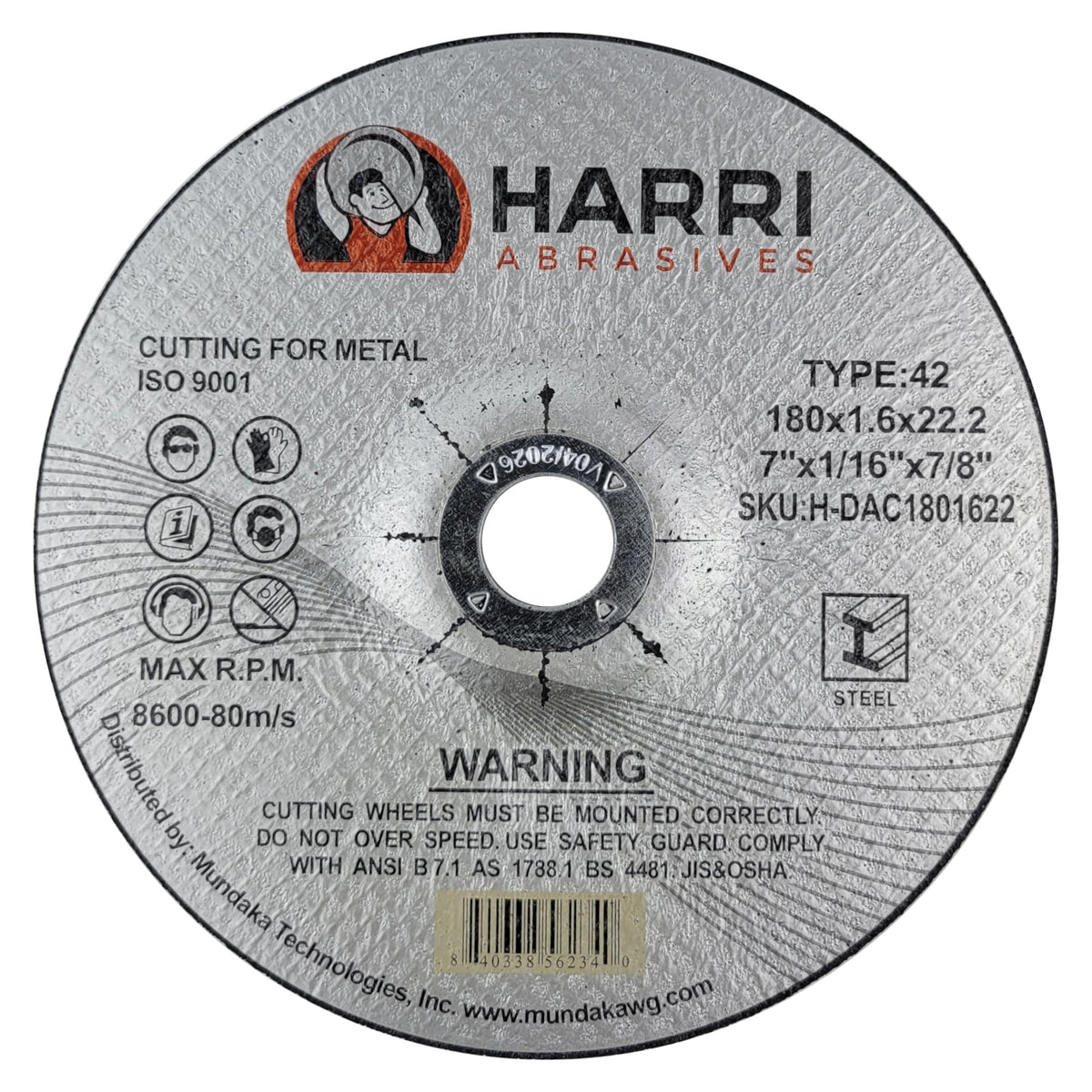 HARRI type 42 metal cut-off wheel, 7 x 1/16 x 7/8 inch