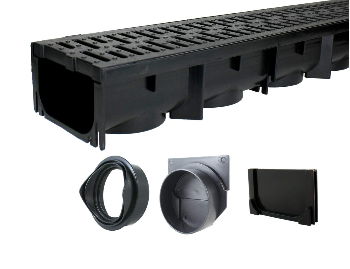 URA WATER UA-100 black channel drain with grate and outlet accessories