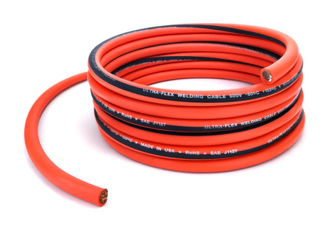 Coil of orange Ultra-Flex 1/0 AWG copper welding and battery cable with exposed cut ends.