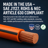 Ultra-Flex copper welding cable graphic highlighting USA manufacturing and SAE J1127, RoHS and NEC Article 630 references.
