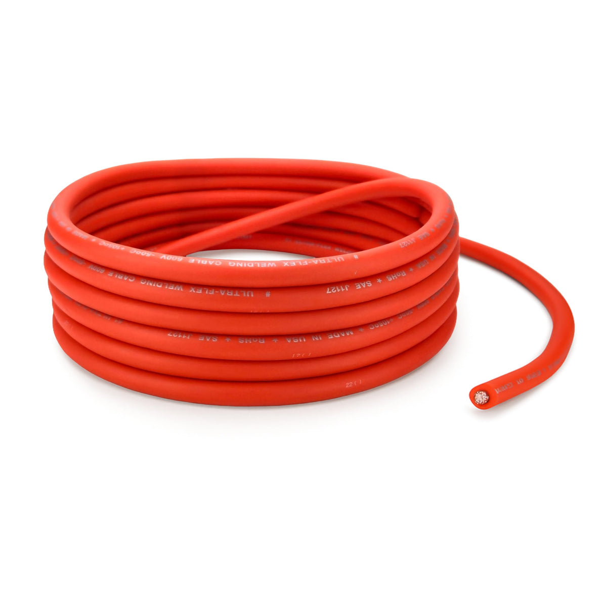 Coil of orange Ultra-Flex 2 AWG copper welding and battery cable with exposed cut ends.