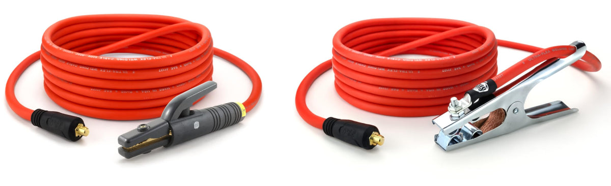 Orange UltraFlex lead set with steel ground clamp and Dinse 10-25 connectors