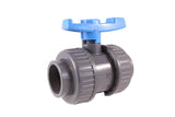 Gray PVC double union ball valve with blue handle and socket ends